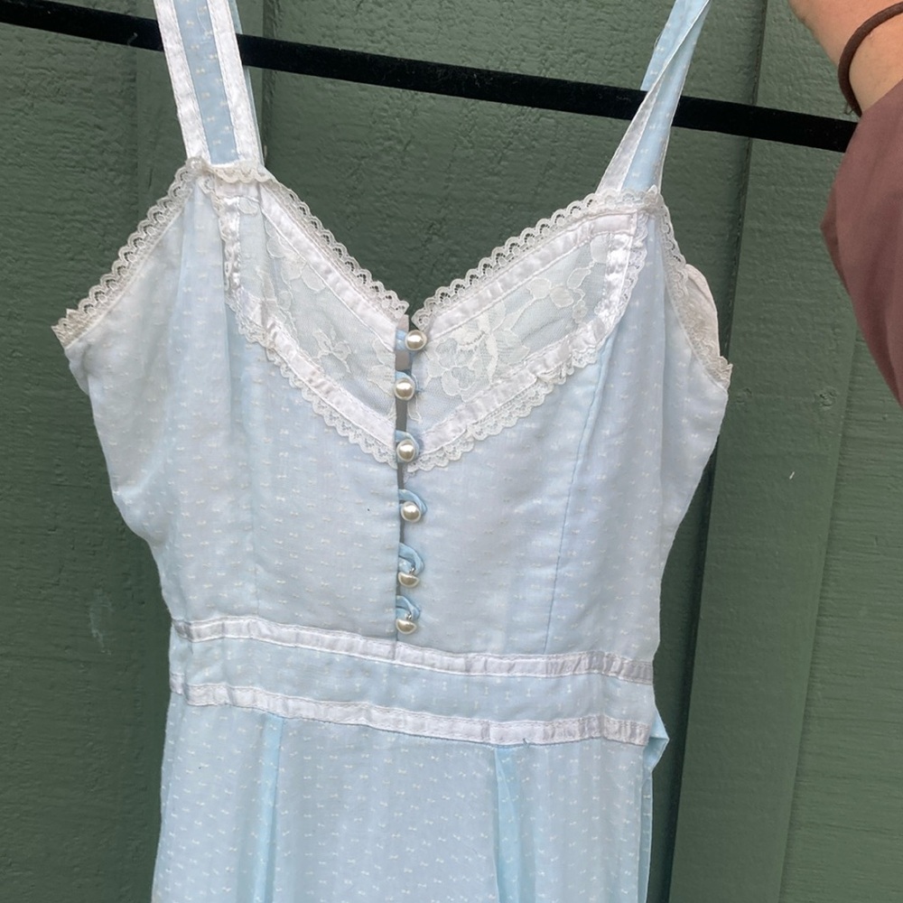 Gunne Sax Blue and White Maxi Dress with Lace Details